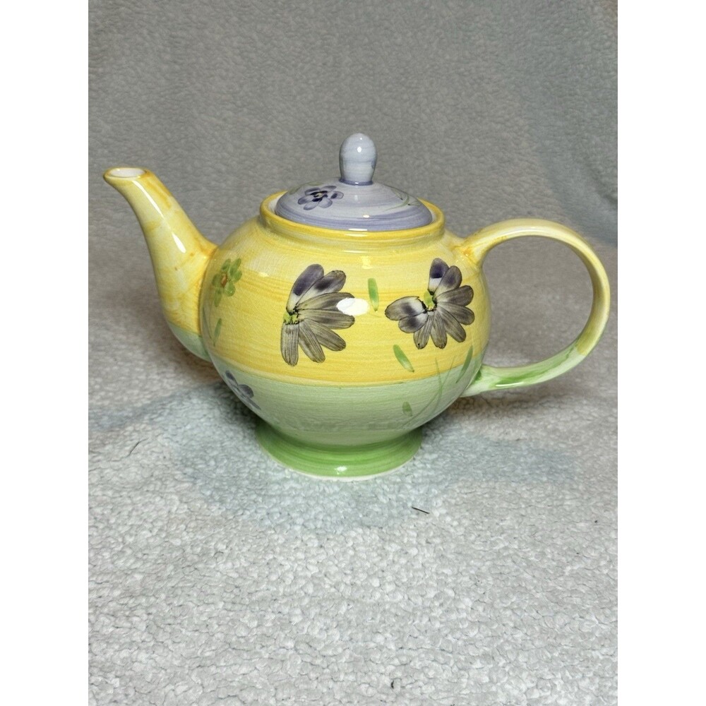 English Tea Store Floral Teapot Purple Green And Yellow  (crazing)